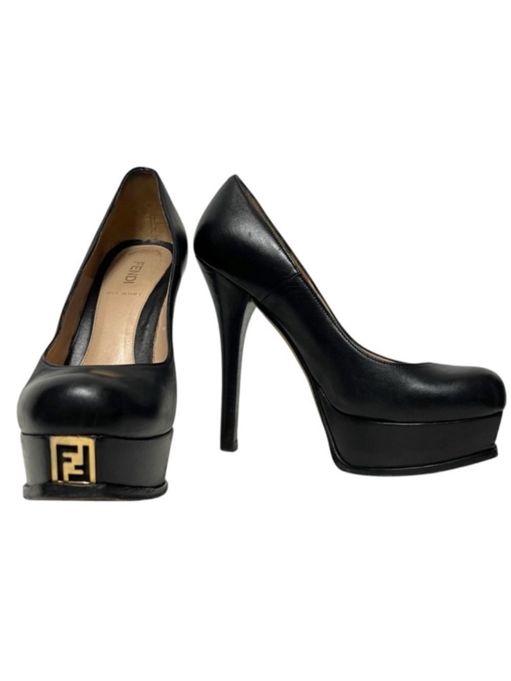 FENDI Fendista Leather Gold Logo Platform Heels 37
